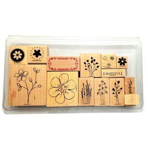 Stampin Up! 12 pc St Wood Mounted Flower Stamps Floral Spring Summer Plastic Box
